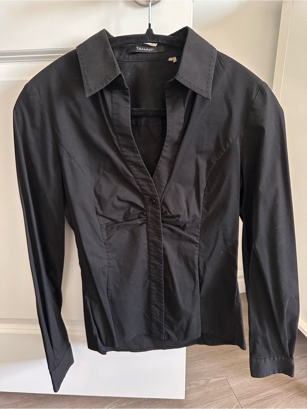 Tahari Black Collared Button-Up Blouse